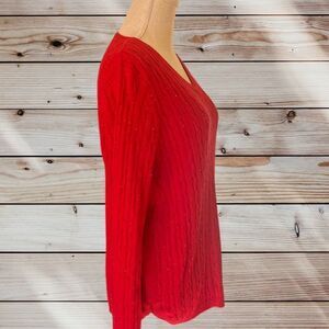 Large Red Cable Knit Sweater, Kim Rogers w/ pretty rainbow flecks in fabric